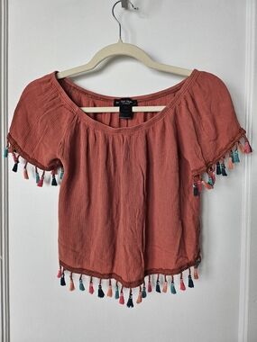 See You Monday Terra Cotta Tassel Trim Off-Shoulder Crepe Top